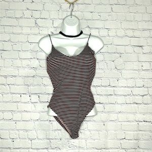 ✨Gaze - Maroon, Black, & White striped Spaghetti Strap Bodysuit Top ❤️🖤🤍